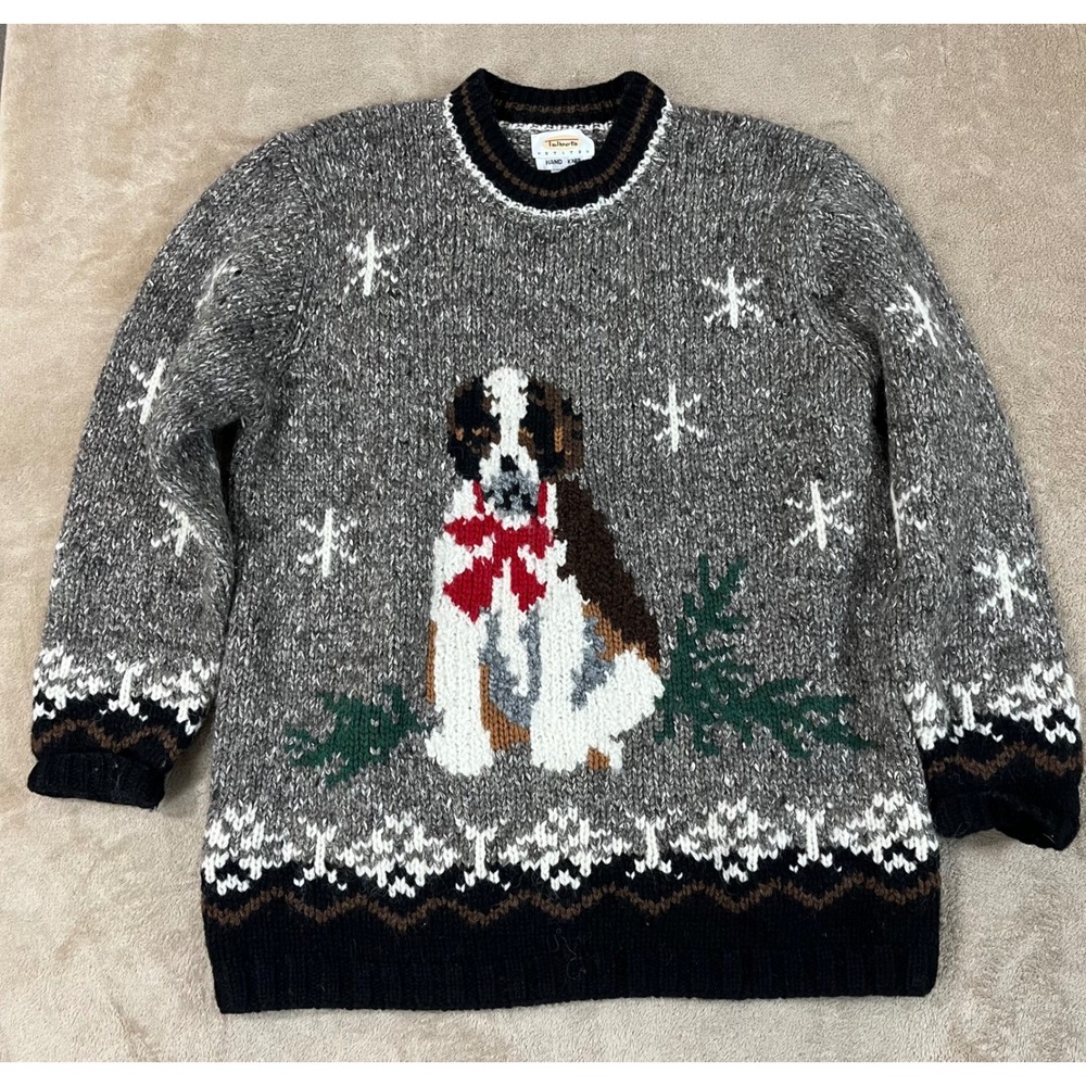 Vintage Talbots St. Bernard Dog Wool Silk Knit Sweater Women M Snowflakes AOP